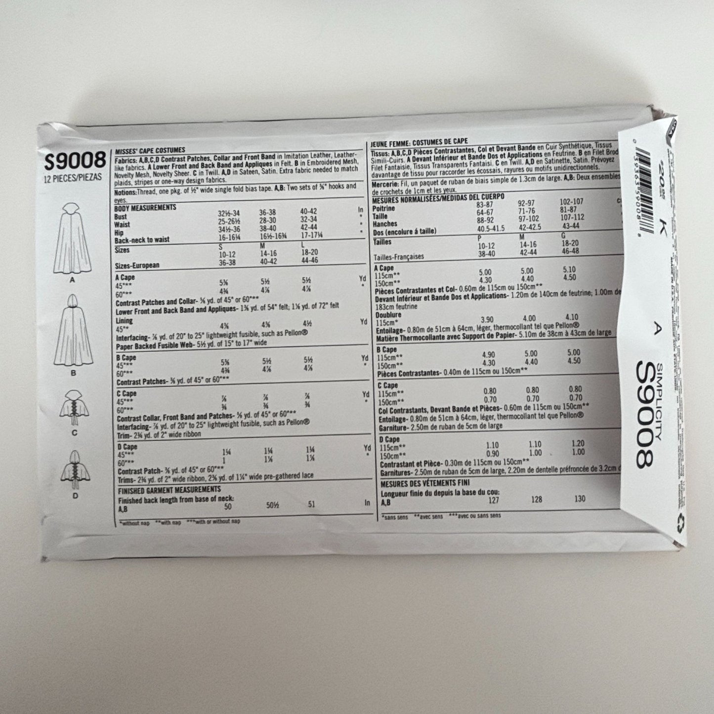 Simplicity Sewing Pattern S9008 Hooded Cape Fantasy Cloak Halloween Cosplay 10-20 Uncut