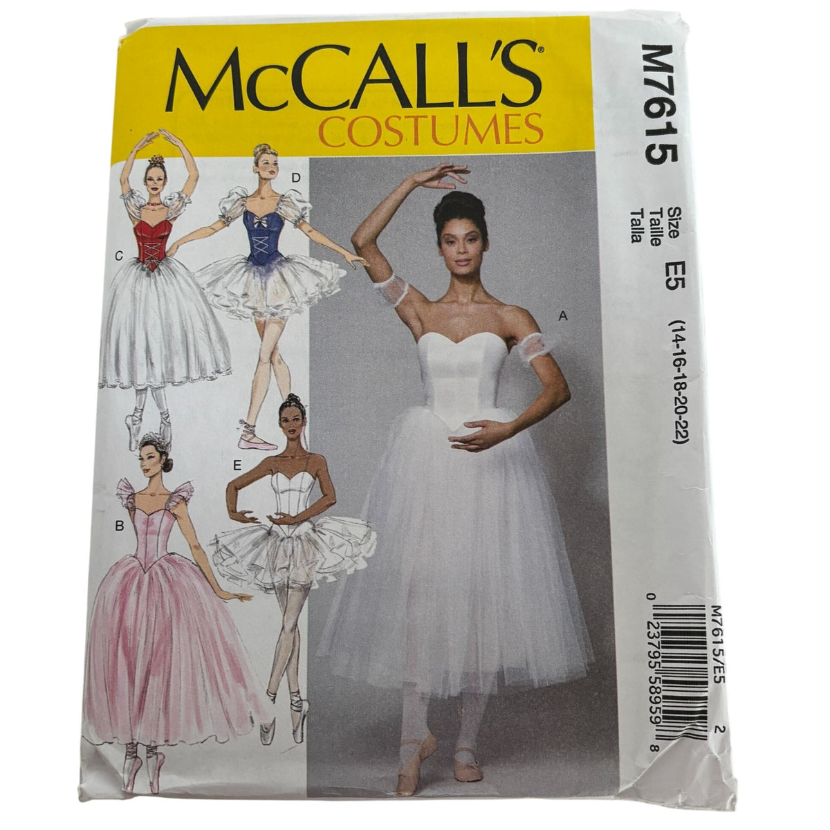 McCalls Costume Sewing Pattern M7615 Ballet Costume Tutu Dress Misses 14-22 Uncut