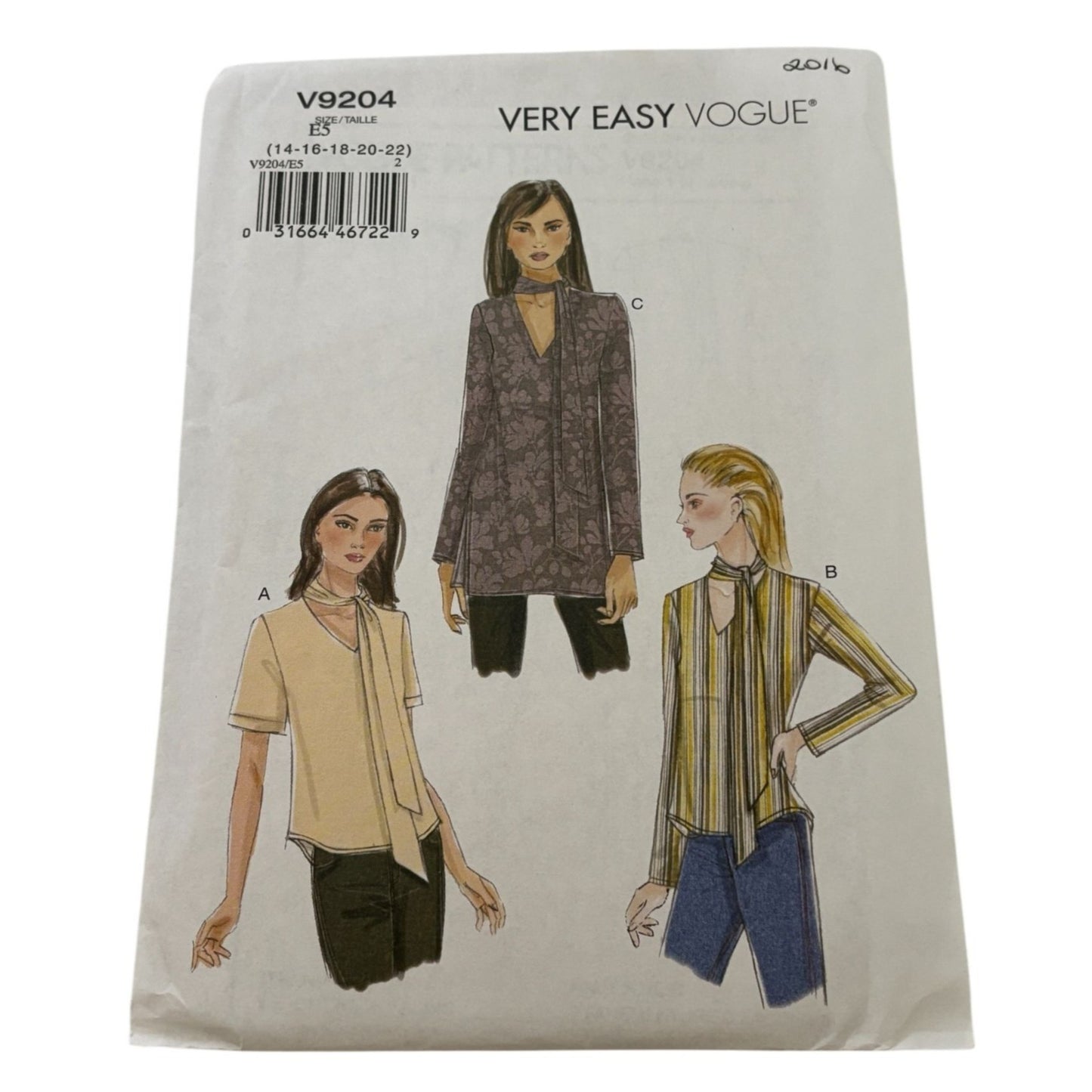Vogue Sewing Pattern V9204 Misses Top Shirt Blouse Sizes 14-22 Easy Career Uncut