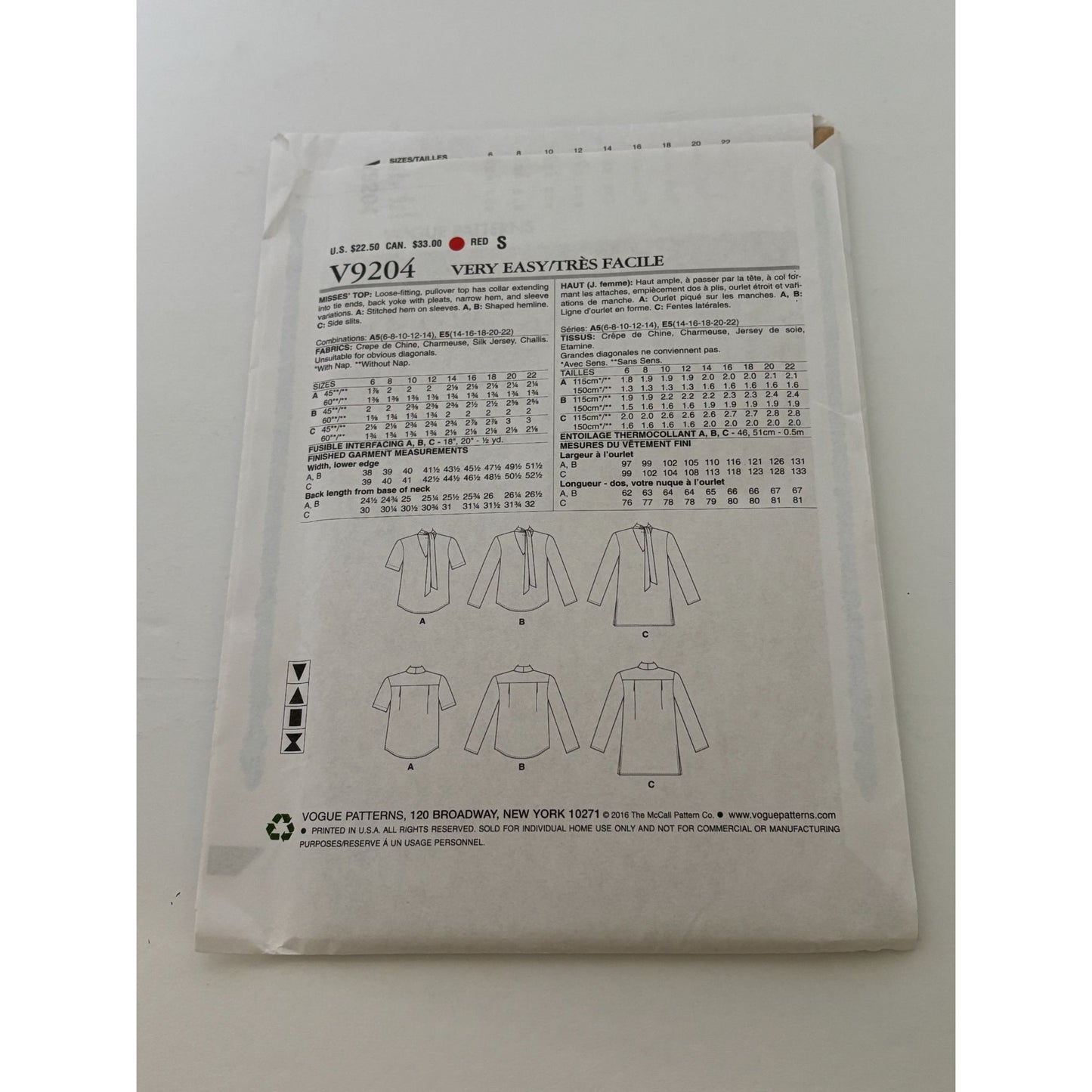 Vogue Sewing Pattern V9204 Misses Top Shirt Blouse Sizes 14-22 Easy Career Uncut