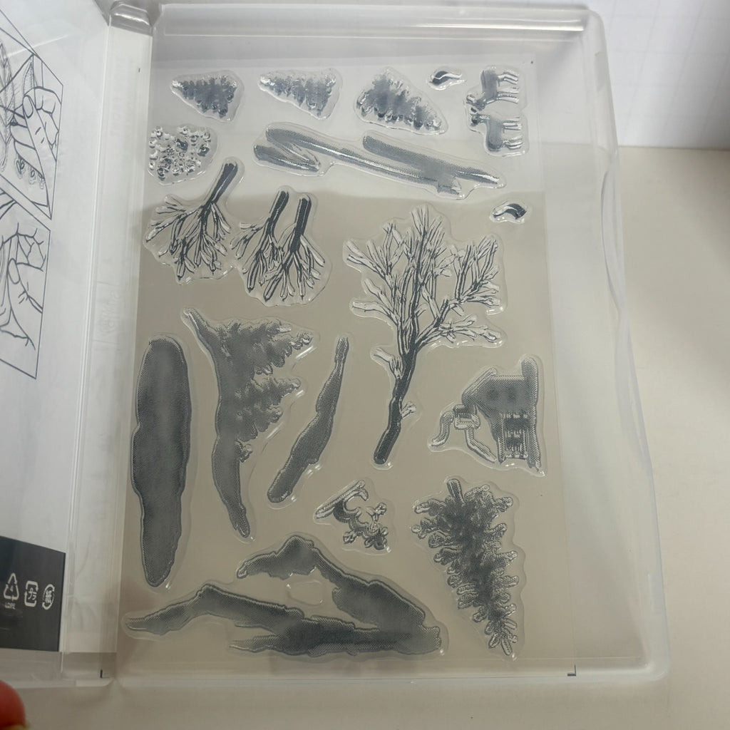 Stampin Up Photopolymer Stamp Set Snow Front Layered Landscape Winter Trees Mountains Deer Cabin