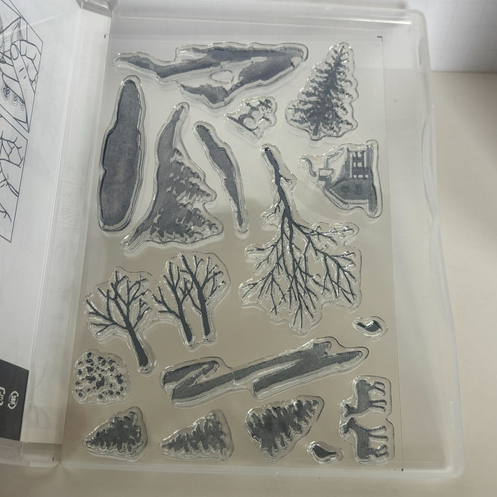 Stampin Up Photopolymer Stamp Set Snow Front Layered Landscape Winter Trees Mountains Deer Cabin