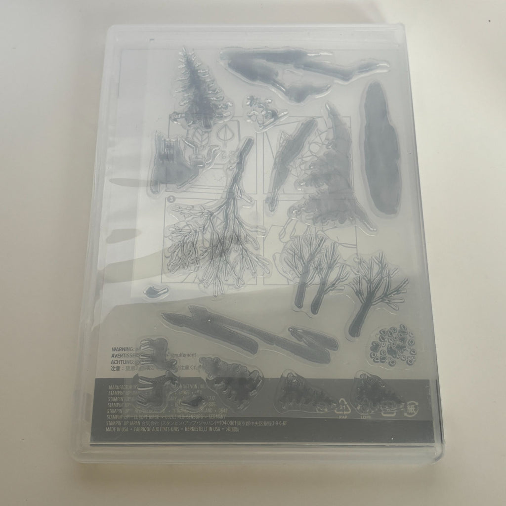 Stampin Up Photopolymer Stamp Set Snow Front Layered Landscape Winter Trees Mountains Deer Cabin