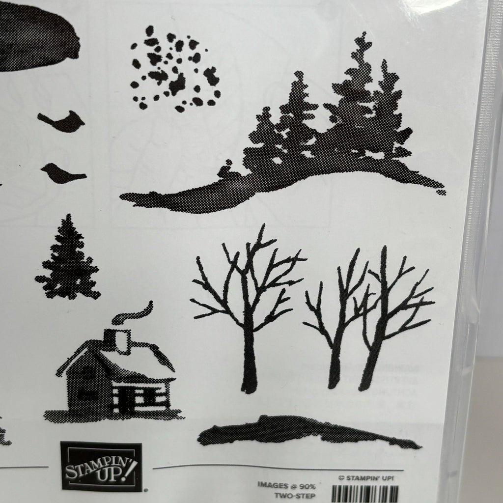 Stampin Up Photopolymer Stamp Set Snow Front Layered Landscape Winter Trees Mountains Deer Cabin