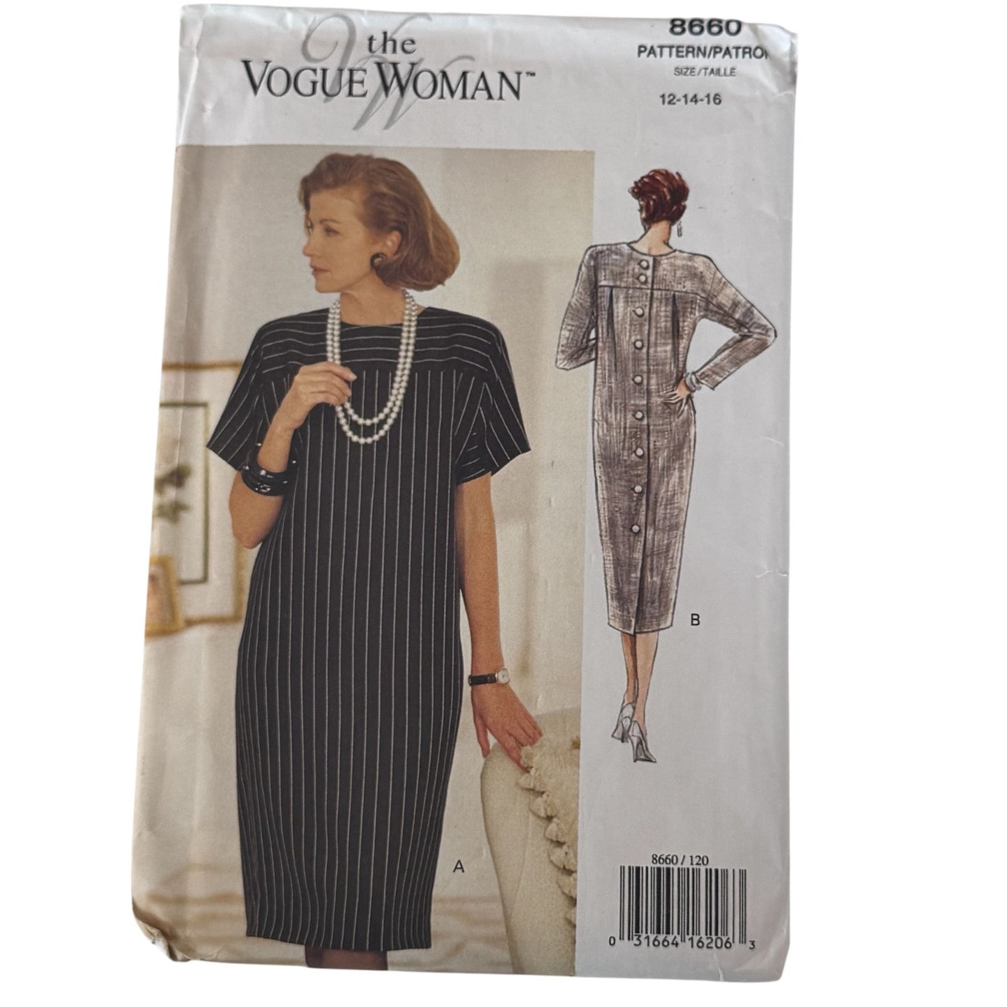 Vogue Sewing Pattern 8660 Shift Dress Minimalist 90s Loose Fit 12-16 Easy Uncut