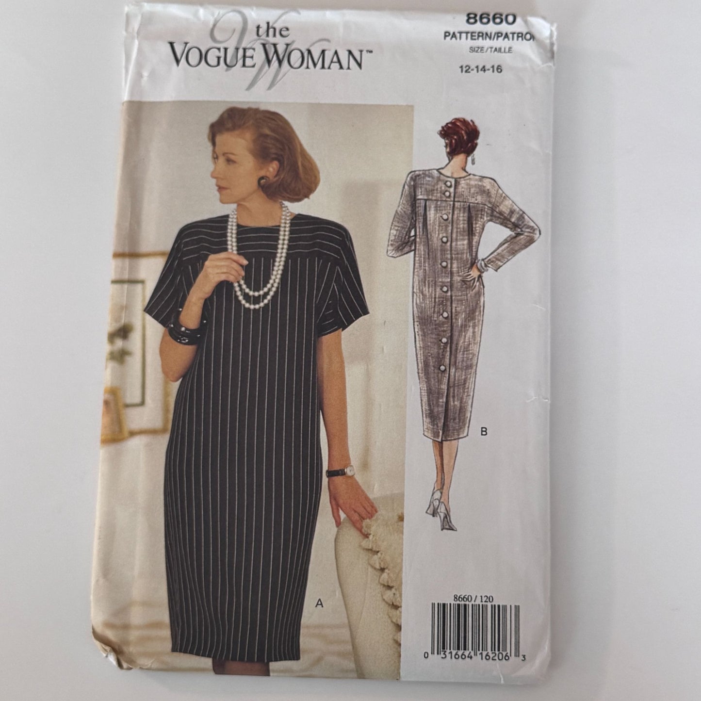 Vogue Sewing Pattern 8660 Shift Dress Minimalist 90s Loose Fit 12-16 Easy Uncut