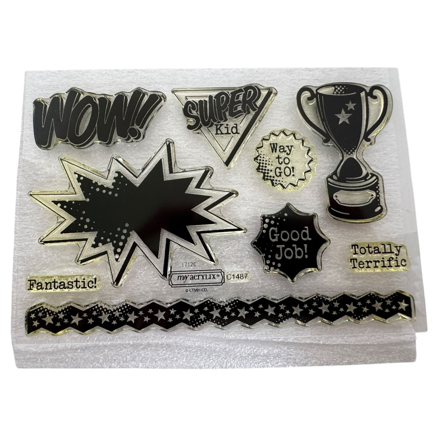 CTMH My Acrylix Acrylic Stamp Set Superhero Workshop Trophy Good Job Fantastic