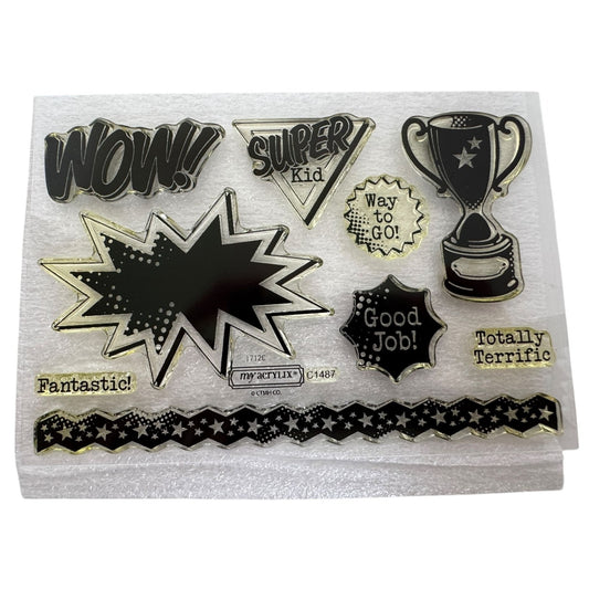 CTMH My Acrylix Acrylic Stamp Set Superhero Workshop Trophy Good Job Fantastic