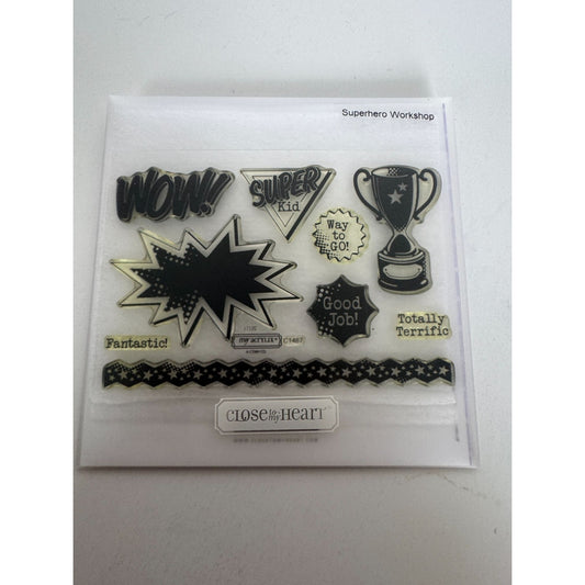 CTMH My Acrylix Acrylic Stamp Set Superhero Workshop Trophy Good Job Fantastic