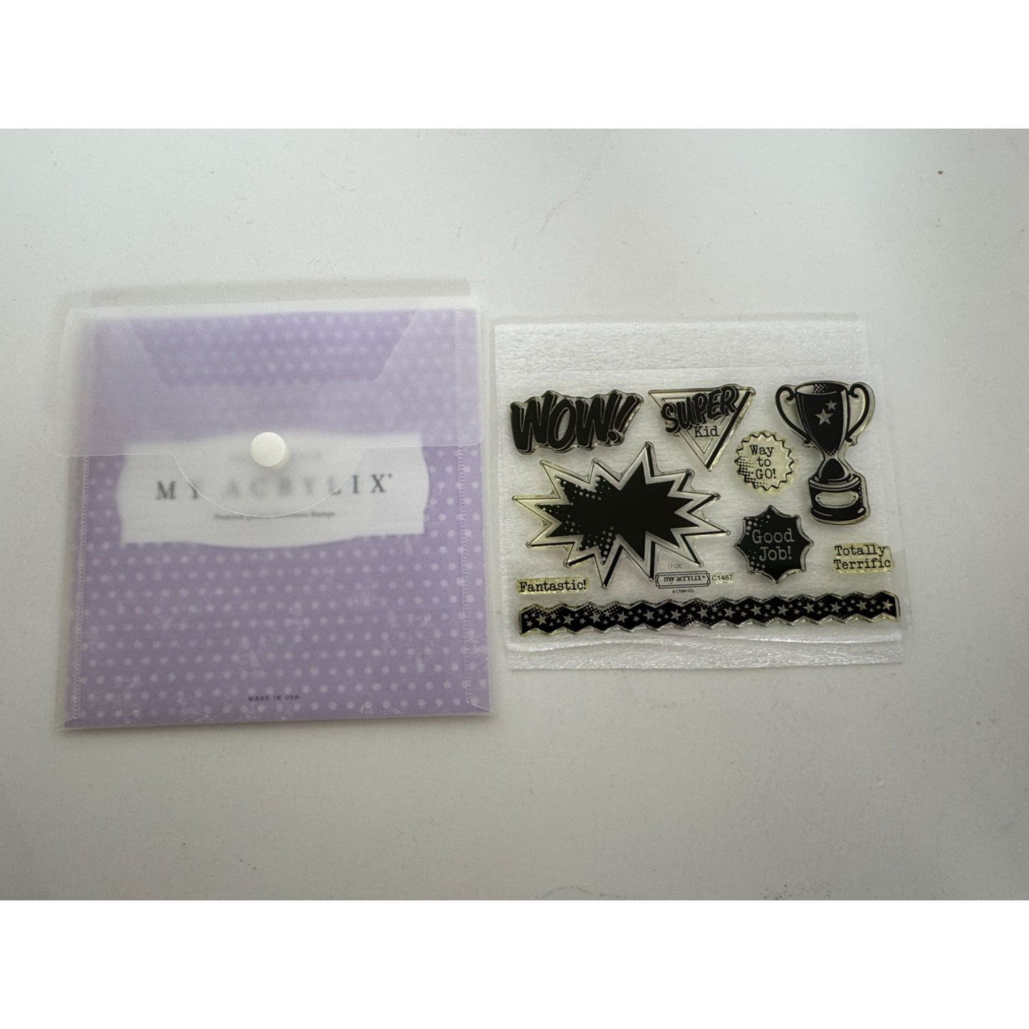 CTMH My Acrylix Acrylic Stamp Set Superhero Workshop Trophy Good Job Fantastic