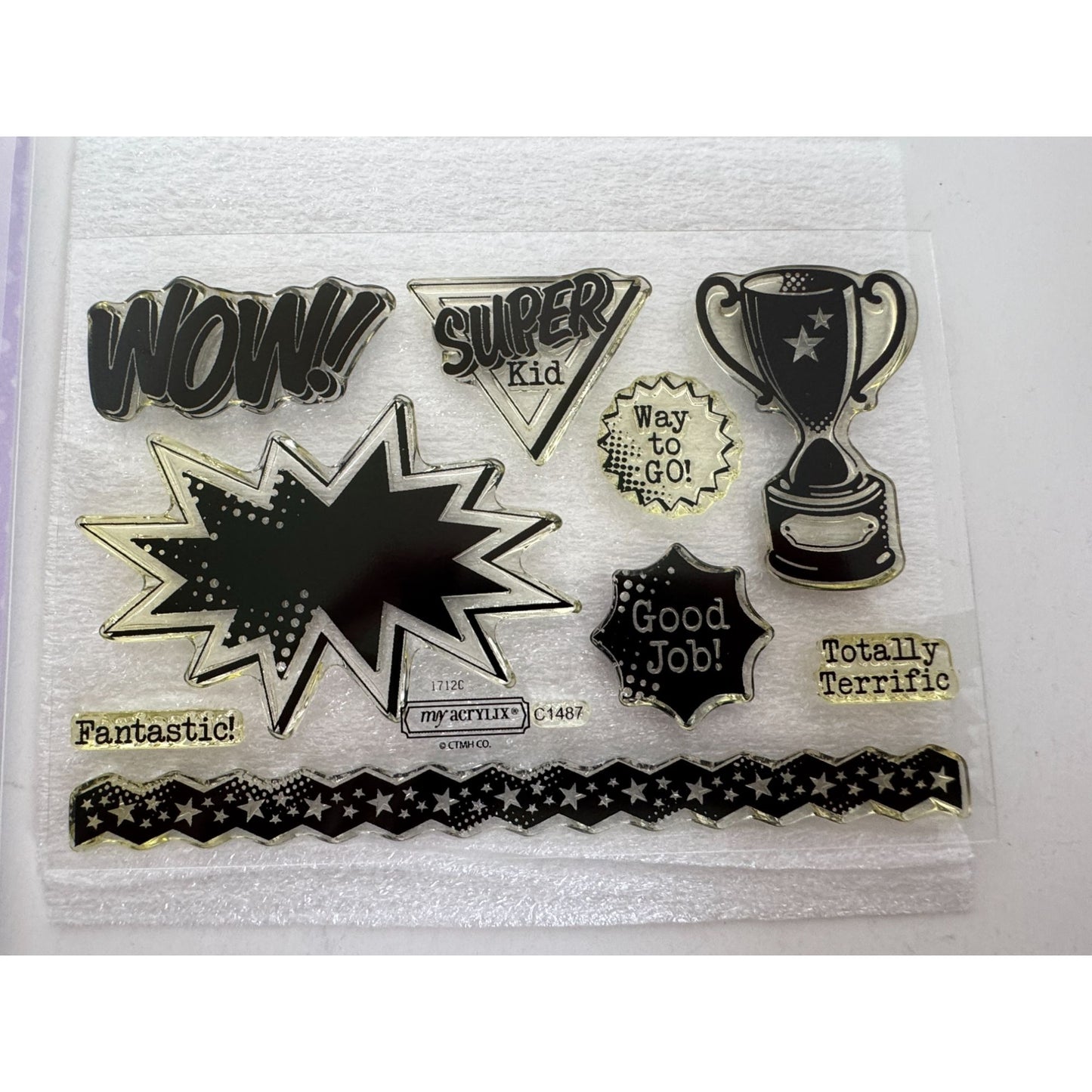 CTMH My Acrylix Acrylic Stamp Set Superhero Workshop Trophy Good Job Fantastic
