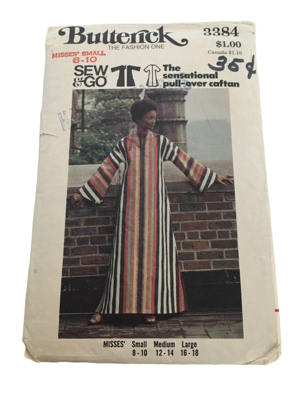 Butterick Sewing Pattern 3384 Pull Over Caftan 1970s Ankle Length Small 8 10