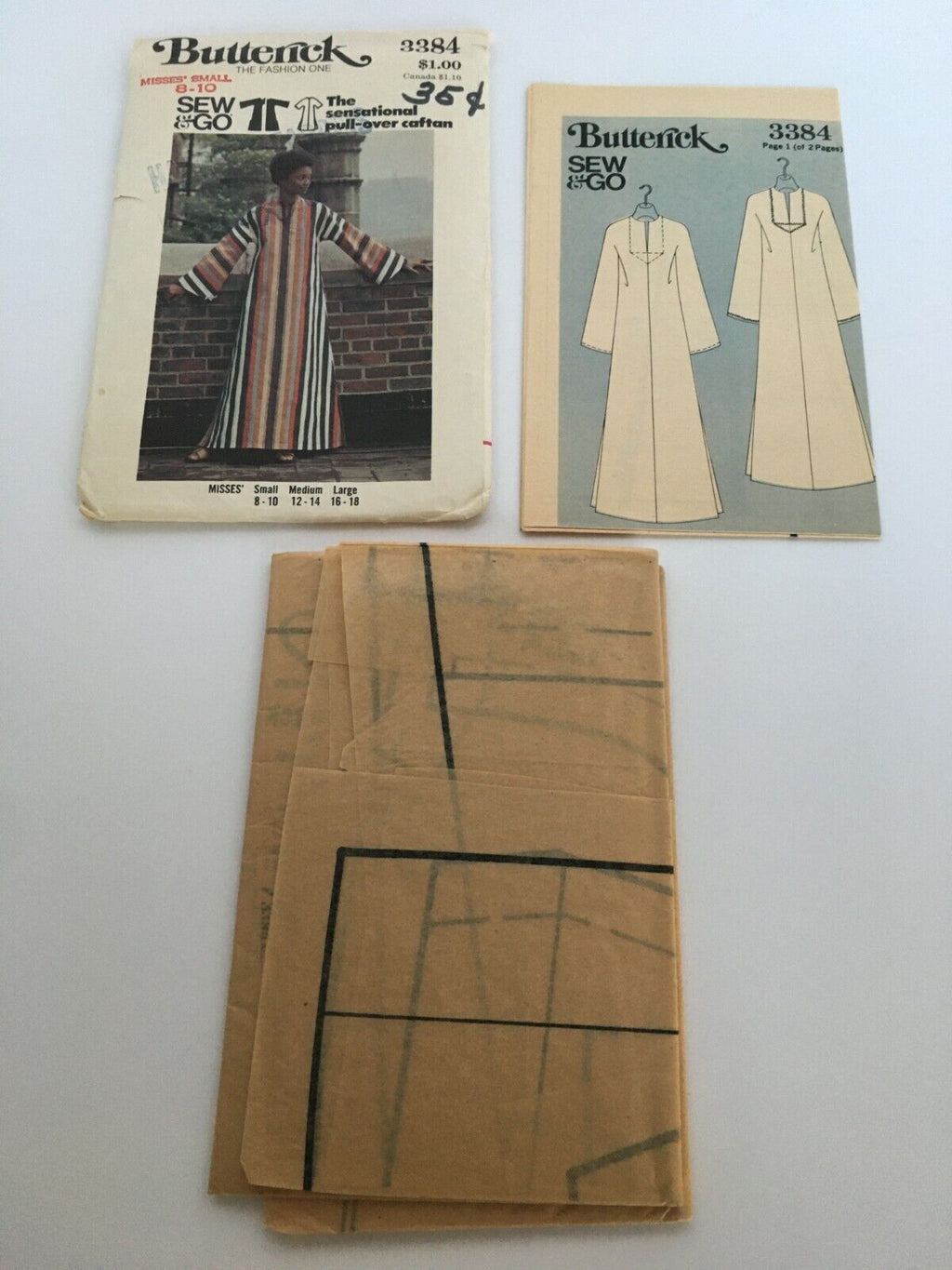 Butterick Sewing Pattern 3384 Pull Over Caftan 1970s Ankle Length Small 8 10