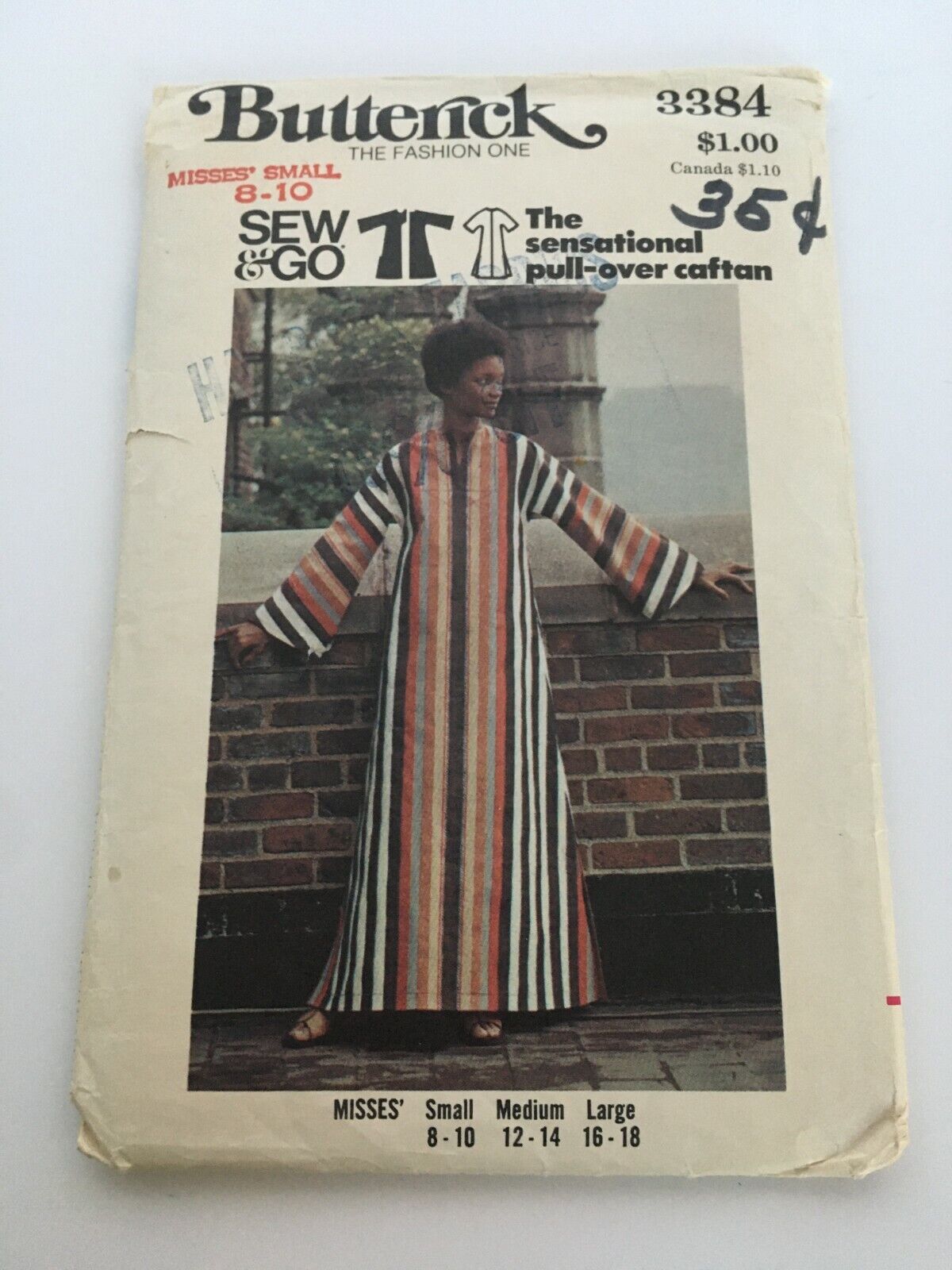 Butterick Sewing Pattern 3384 Pull Over Caftan 1970s Ankle Length Small 8 10