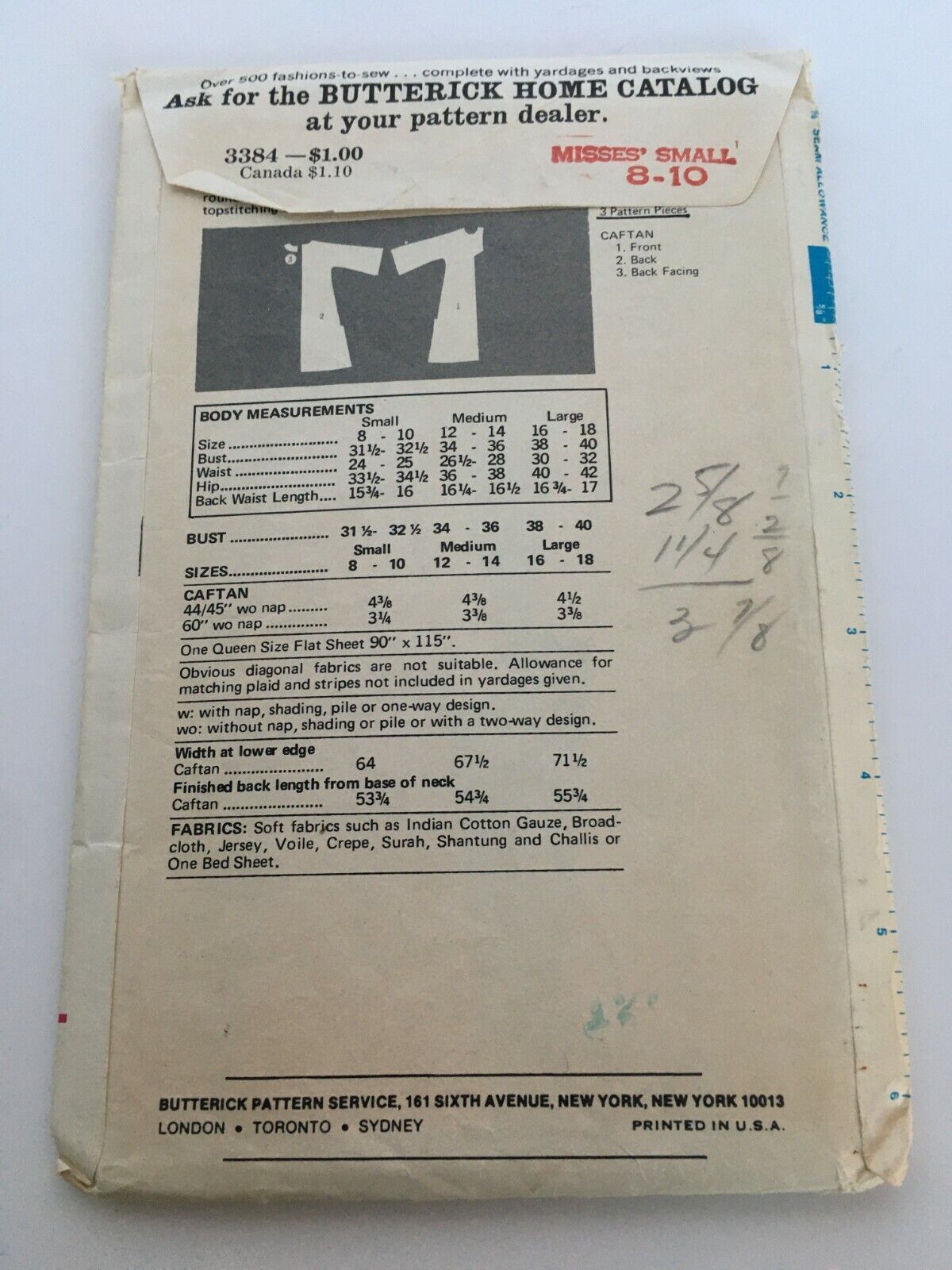 Butterick Sewing Pattern 3384 Pull Over Caftan 1970s Ankle Length Small 8 10