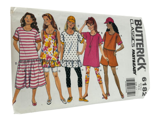 Butterick Sewing Pattern 6182 Girls Dress Top Shorts Leggings 90s 7 8 10 Uncut