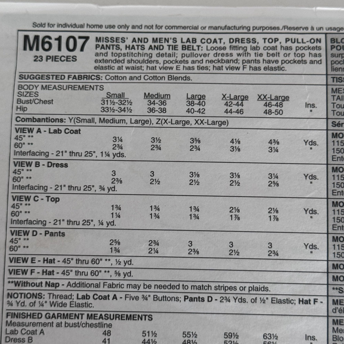 McCalls Sewing Pattern M6107 Medical Scrubs Lab Coat Doctor Nurse Uniform 42-48 Uncut Hospital