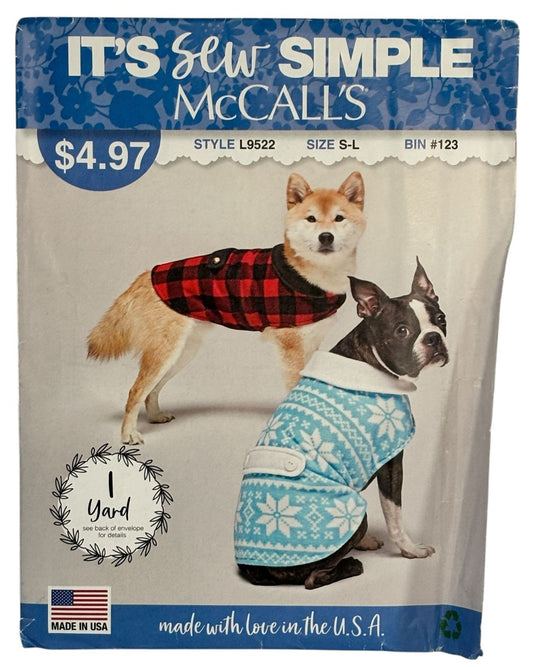 McCalls Sewing Pattern L9522 Dog Coat Fleece Winter Pet S-L 1 Yard Fabric
