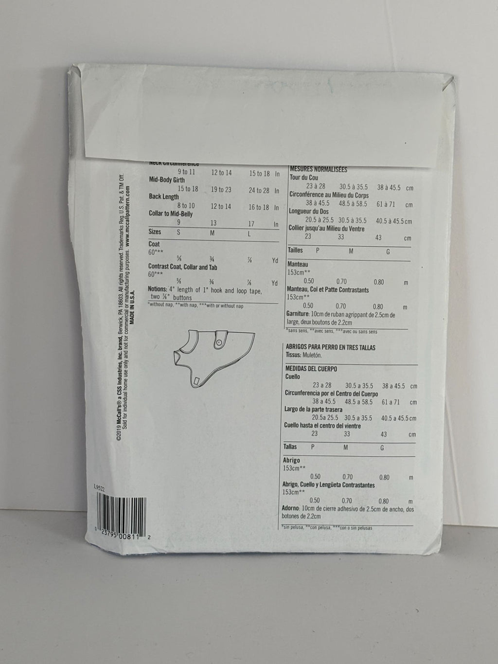 McCalls Sewing Pattern L9522 Dog Coat Fleece Winter Pet S-L 1 Yard Fabric