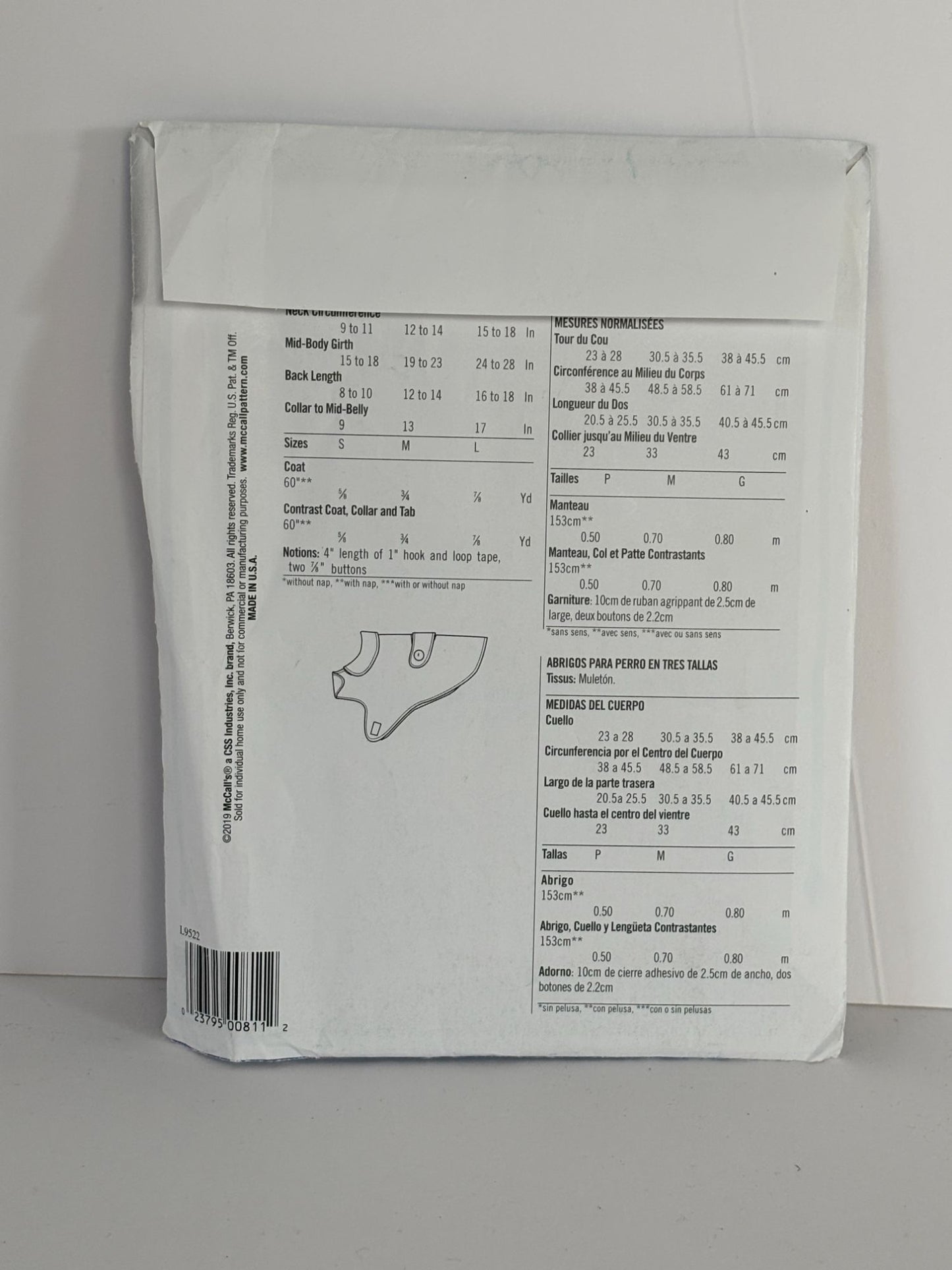 McCalls Sewing Pattern L9522 Dog Coat Fleece Winter Pet S-L 1 Yard Fabric