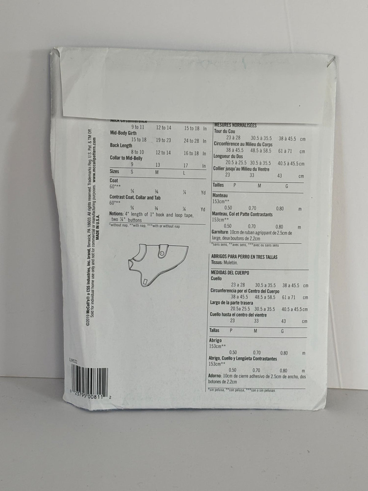 McCalls Sewing Pattern L9522 Dog Coat Fleece Winter Pet S-L 1 Yard Fabric