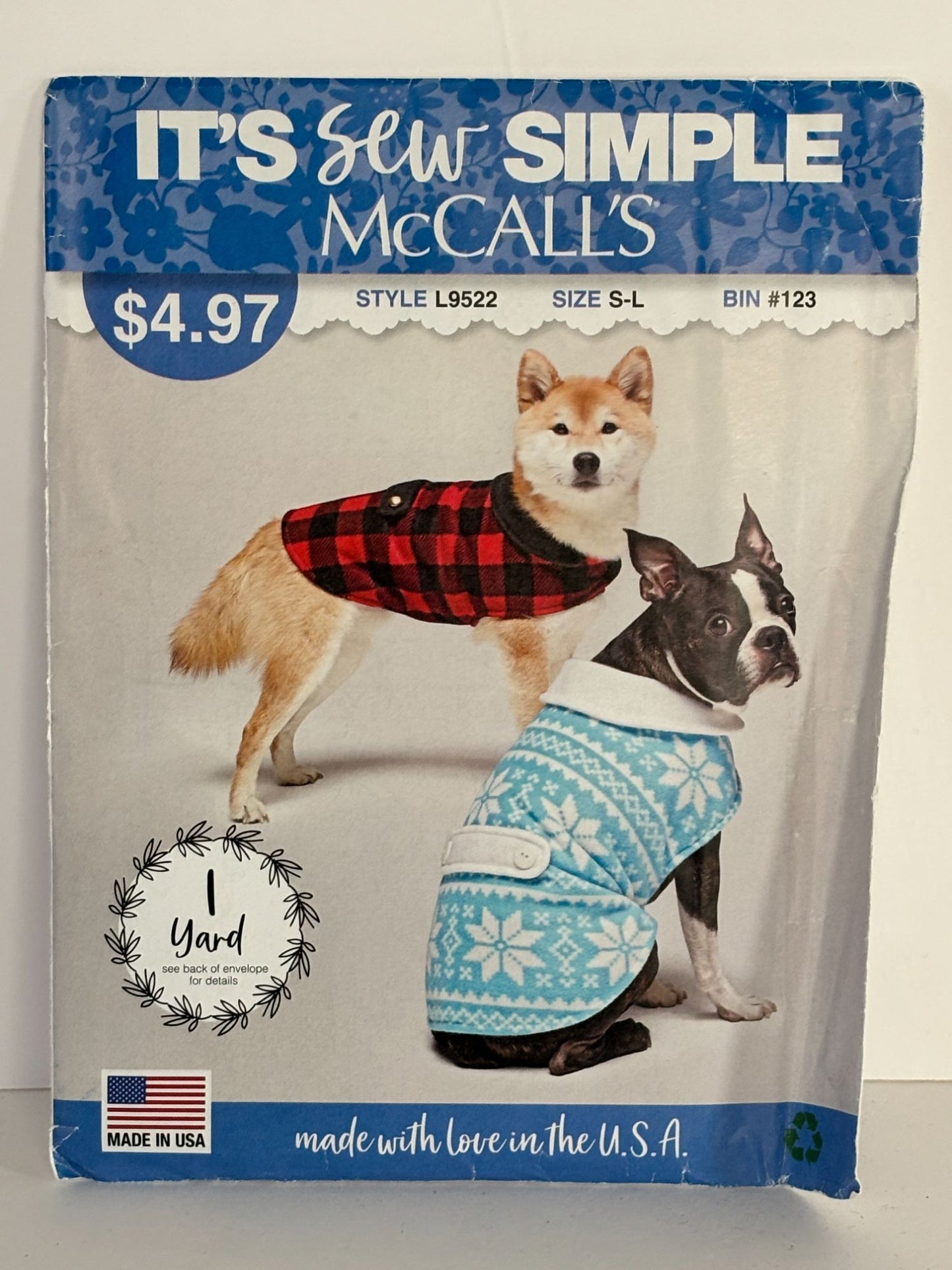McCalls Sewing Pattern L9522 Dog Coat Fleece Winter Pet S-L 1 Yard Fabric
