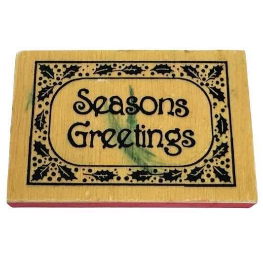 Seasons Greetings Wooden Rubber Stamp With Holly Design Christmas Card Making