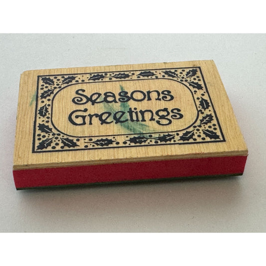 Seasons Greetings Wooden Rubber Stamp With Holly Design Christmas Card Making