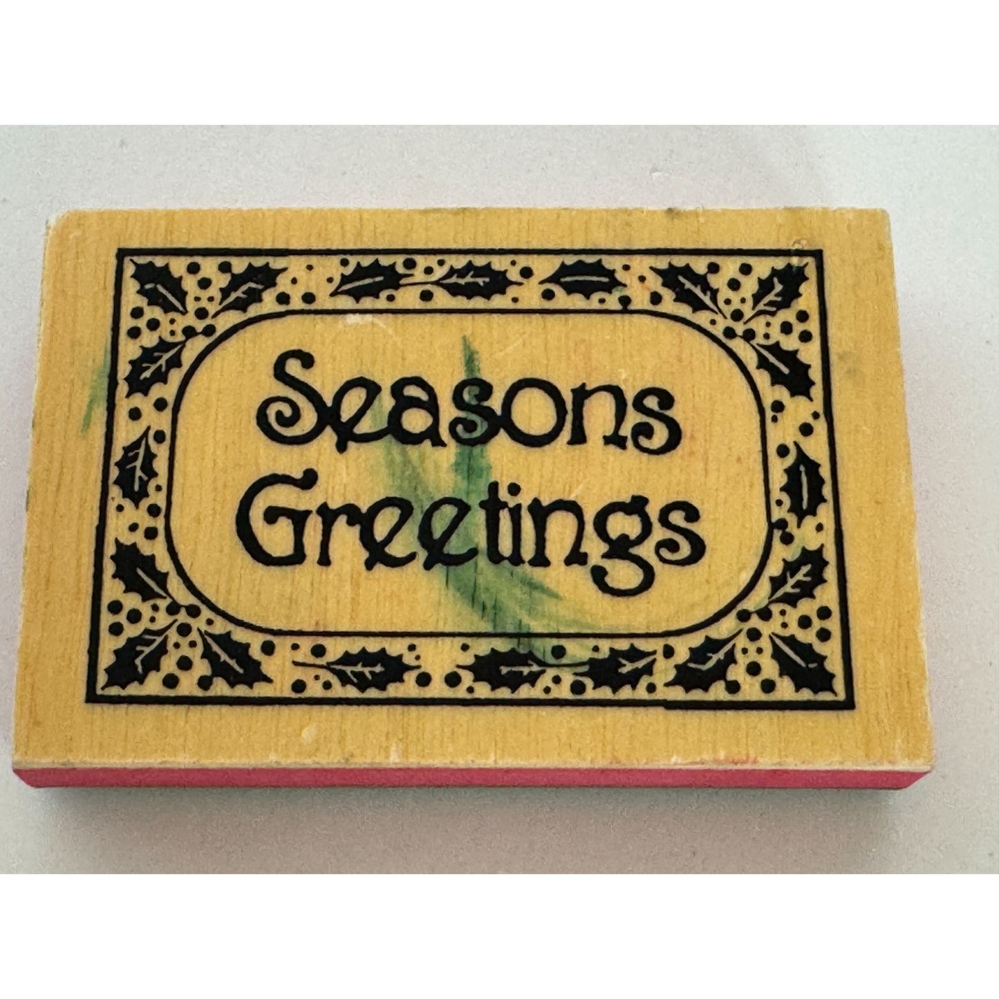 Seasons Greetings Wooden Rubber Stamp With Holly Design Christmas Card Making
