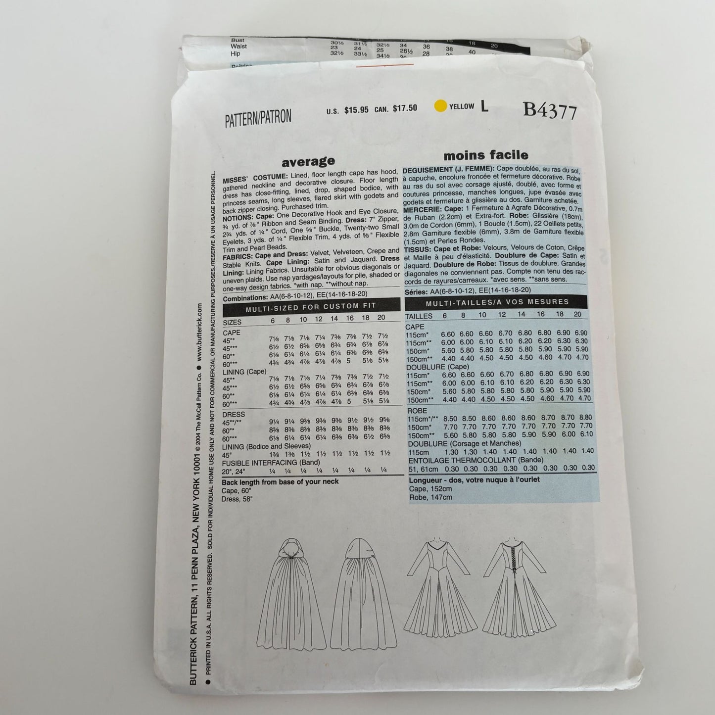 Butterick Sewing Pattern B4377 Medieval Dress Floor Length Cape Costume 6-12 Uncut Renaissance Festival