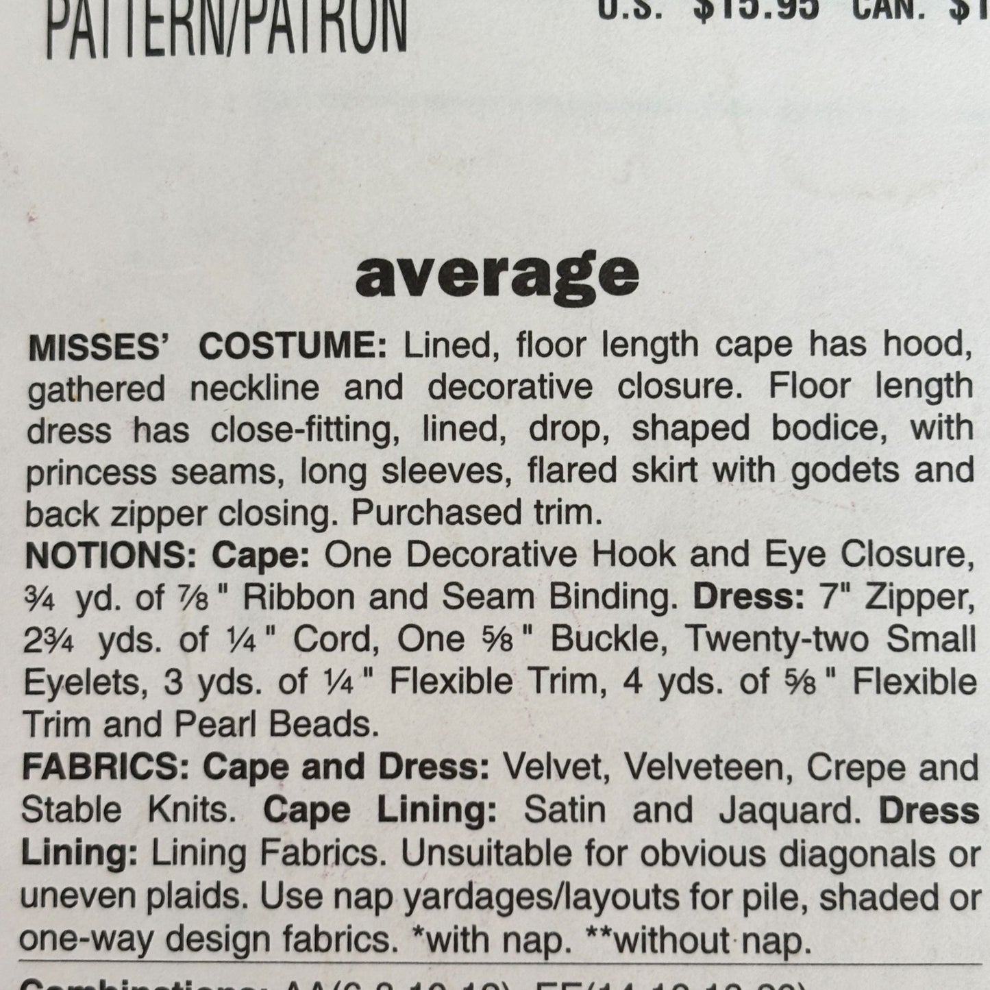 Butterick Sewing Pattern B4377 Medieval Dress Floor Length Cape Costume 6-12 Uncut Renaissance Festival