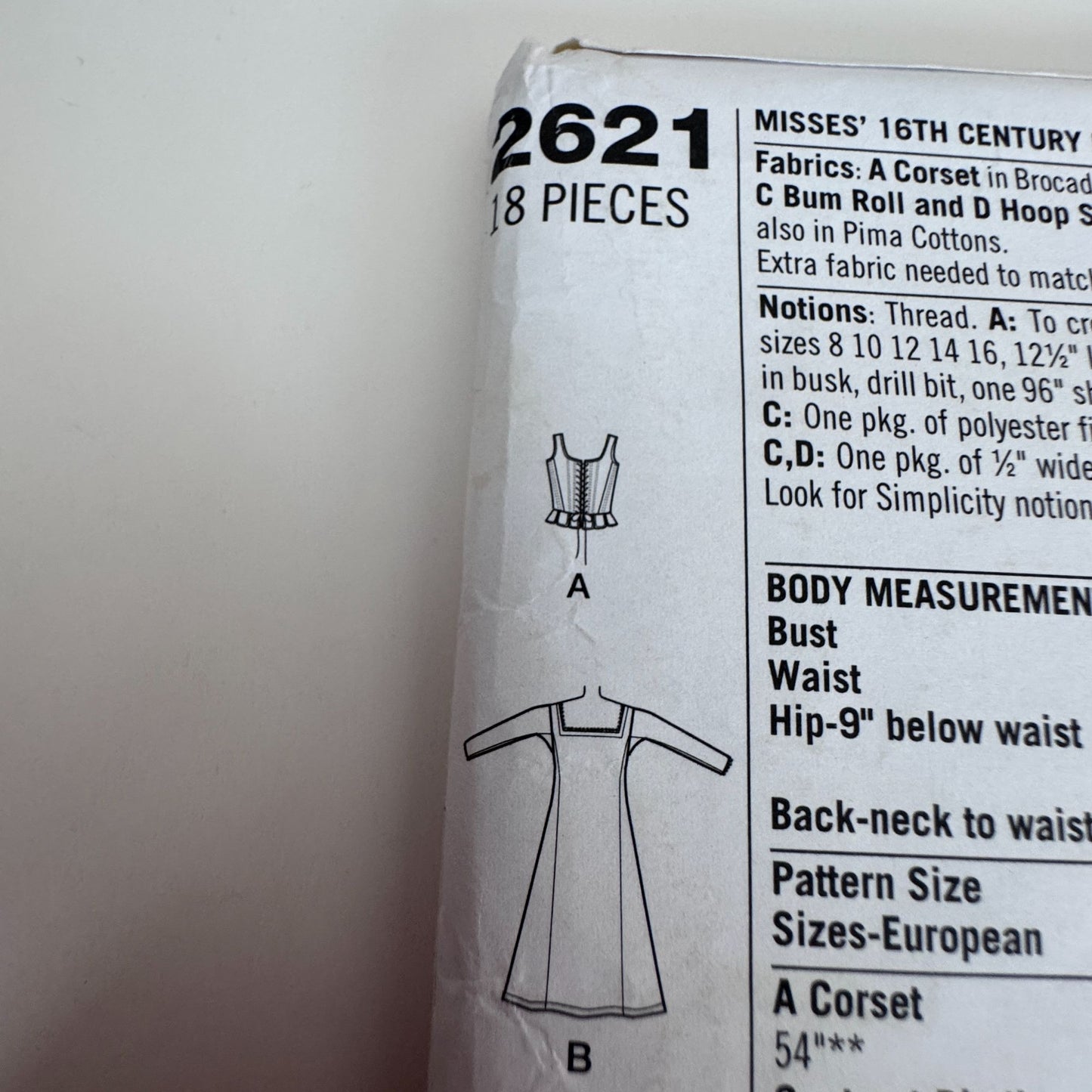 Simplicity Sewing Pattern 2621 Costume Undergarments 16th Century Corset Hoop Skirt Shift 16-24 Uncut