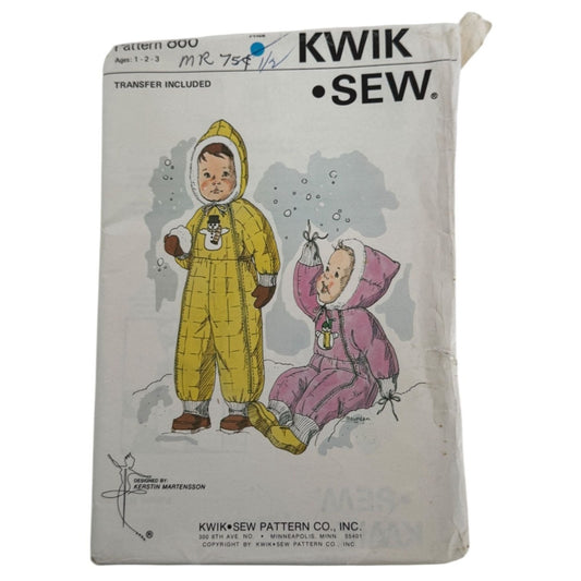 Kwik Sew Sewing Pattern 860 Toddler Snowsuit Ages 1-3 Raglan Sleeves Winter UC