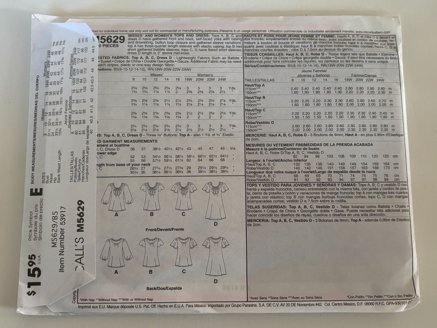 McCalls Sewing Pattern M5629 Dress Blouse Shirt Round Neck Easy 4 Looks 8-16 UC