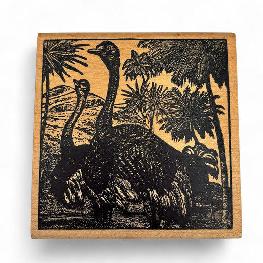 Magenta Rubber Stamp Ostrich Safari Scene Wildlife Palm Trees Animal Emu Wooden