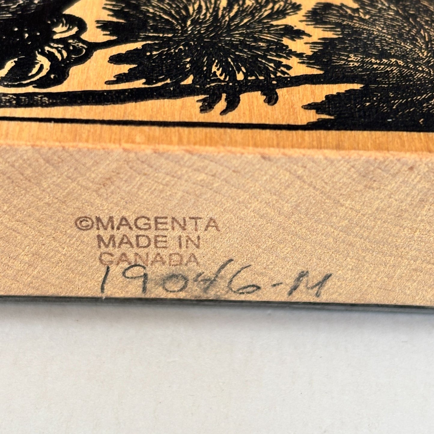 Magenta Rubber Stamp Ostrich Safari Scene Wildlife Palm Trees Animal Emu Wooden