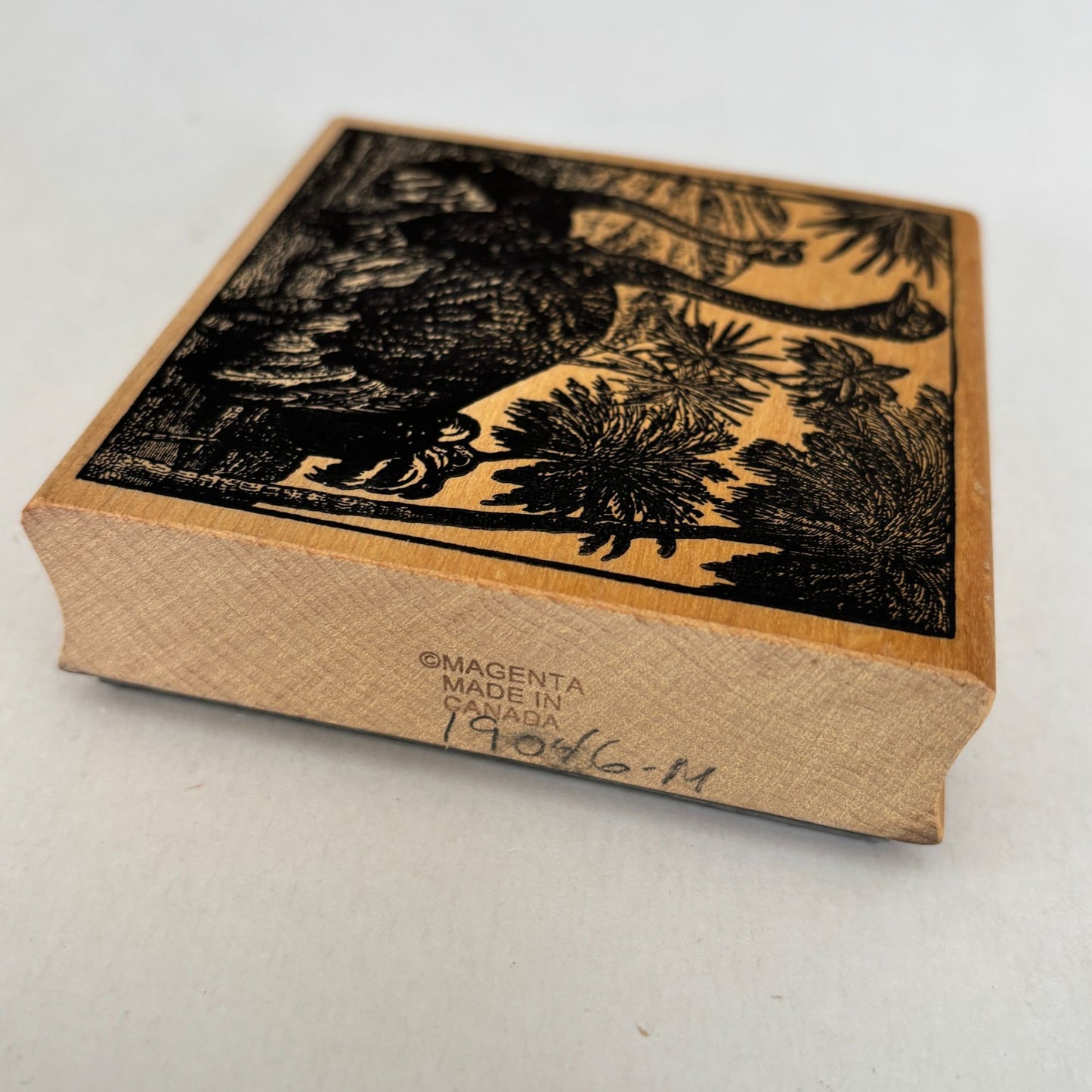 Magenta Rubber Stamp Ostrich Safari Scene Wildlife Palm Trees Animal Emu Wooden