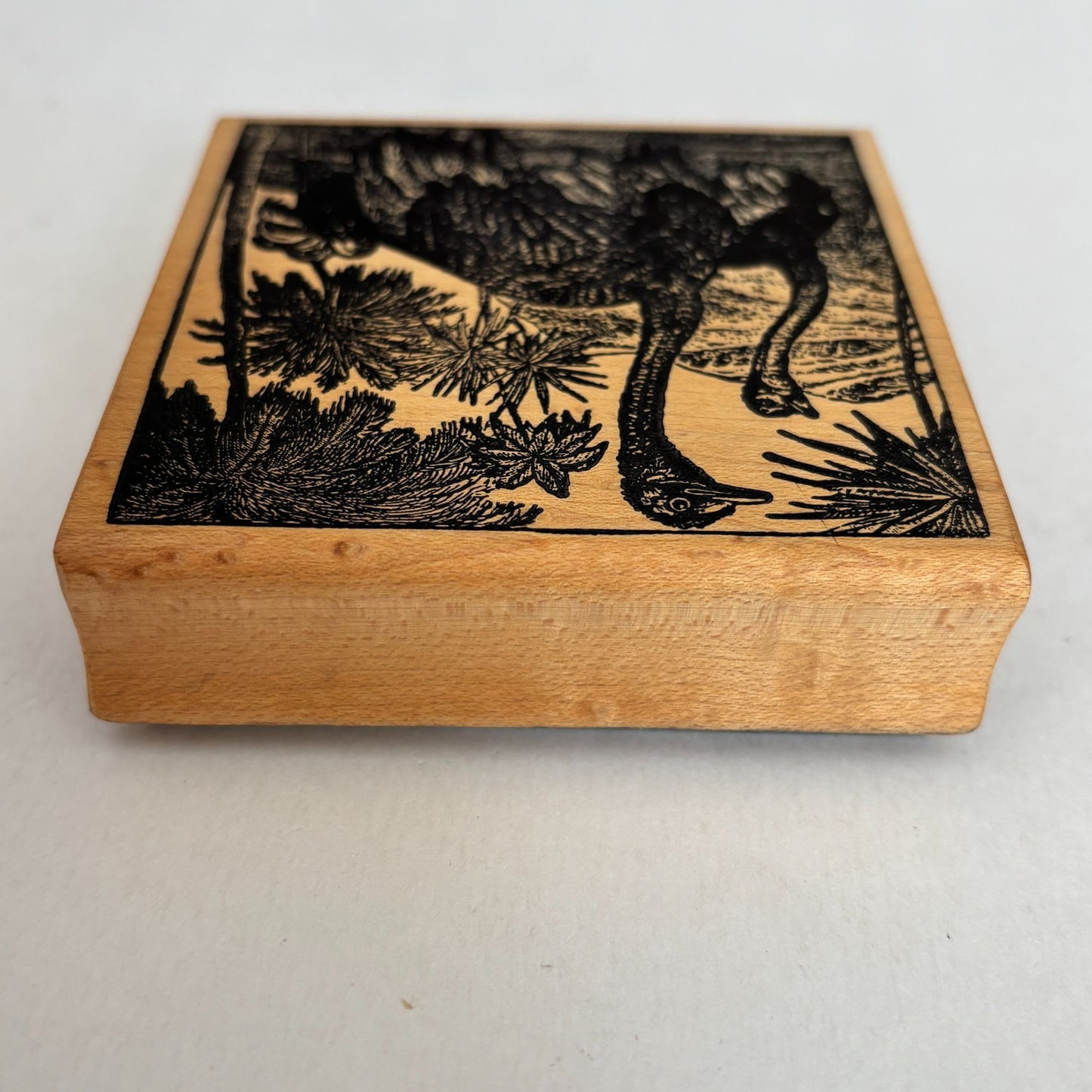 Magenta Rubber Stamp Ostrich Safari Scene Wildlife Palm Trees Animal Emu Wooden