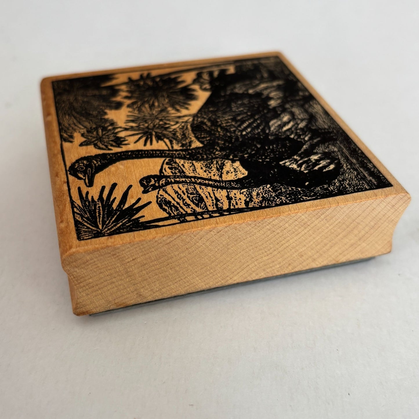 Magenta Rubber Stamp Ostrich Safari Scene Wildlife Palm Trees Animal Emu Wooden