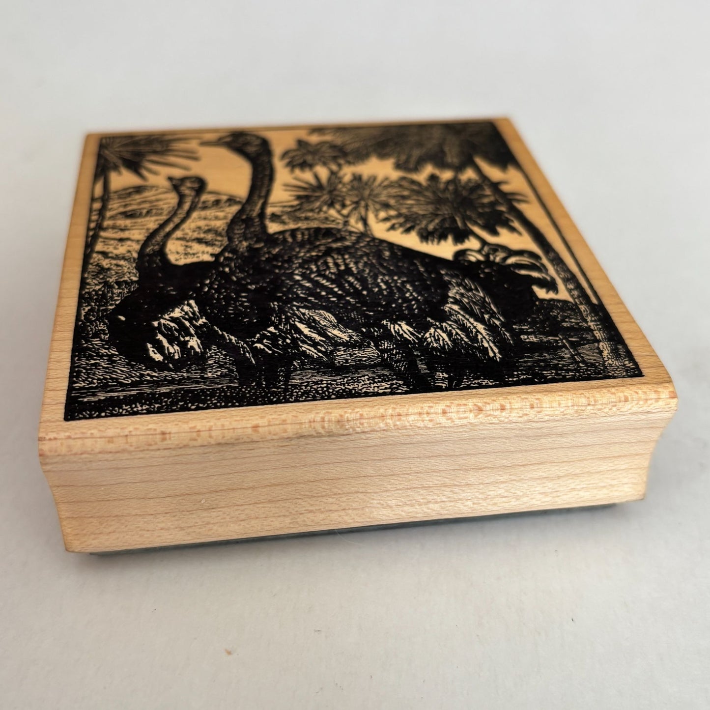 Magenta Rubber Stamp Ostrich Safari Scene Wildlife Palm Trees Animal Emu Wooden