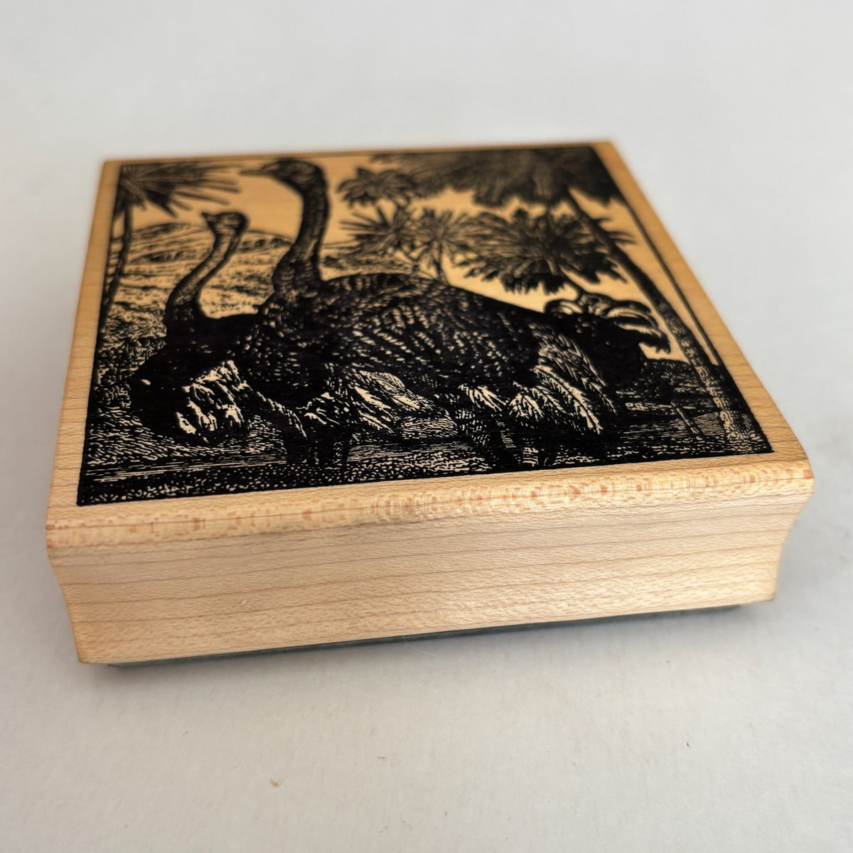 Magenta Rubber Stamp Ostrich Safari Scene Wildlife Palm Trees Animal Emu Wooden