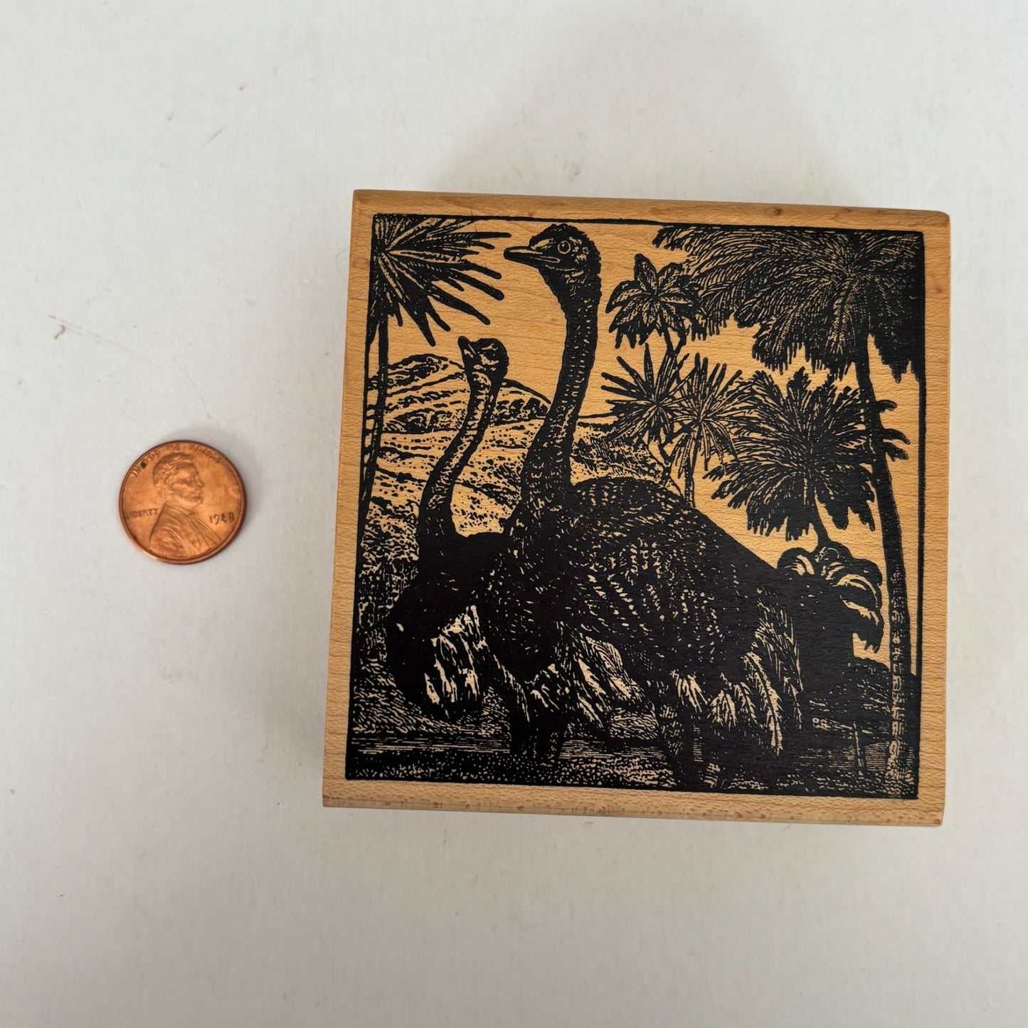 Magenta Rubber Stamp Ostrich Safari Scene Wildlife Palm Trees Animal Emu Wooden