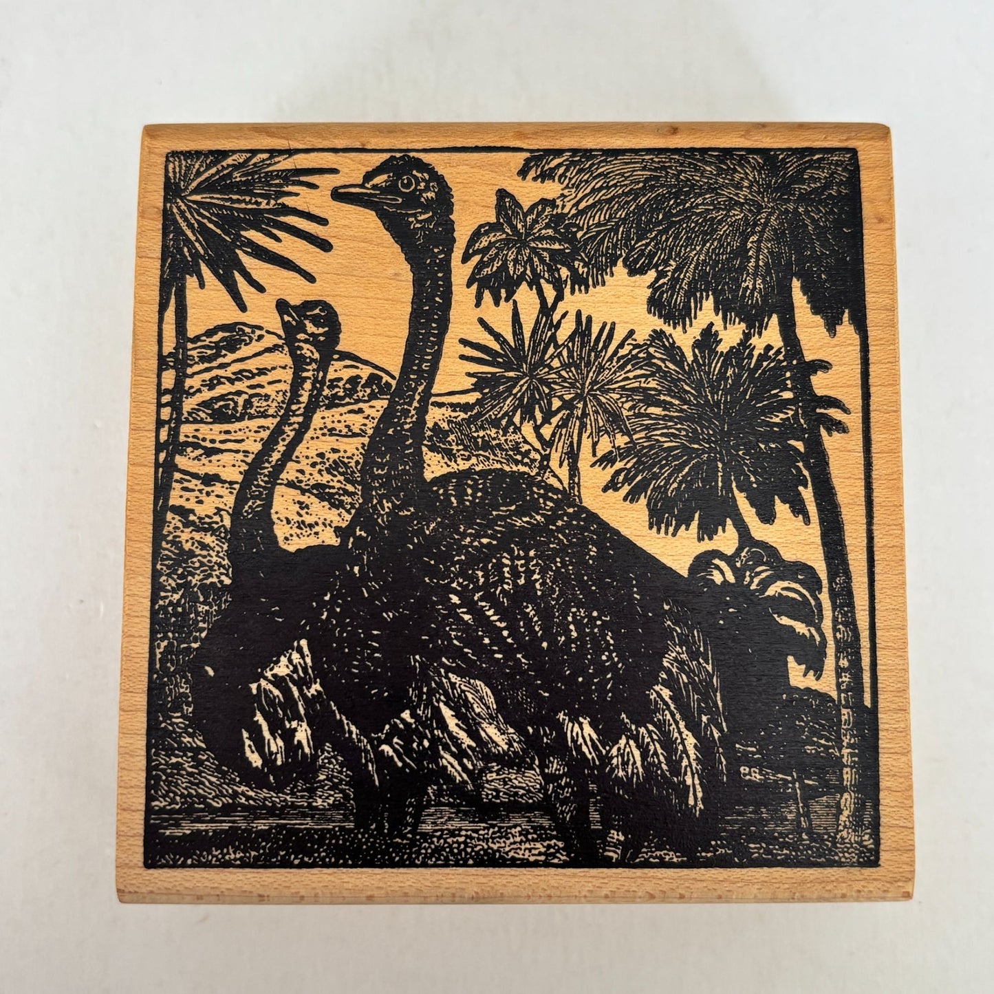 Magenta Rubber Stamp Ostrich Safari Scene Wildlife Palm Trees Animal Emu Wooden