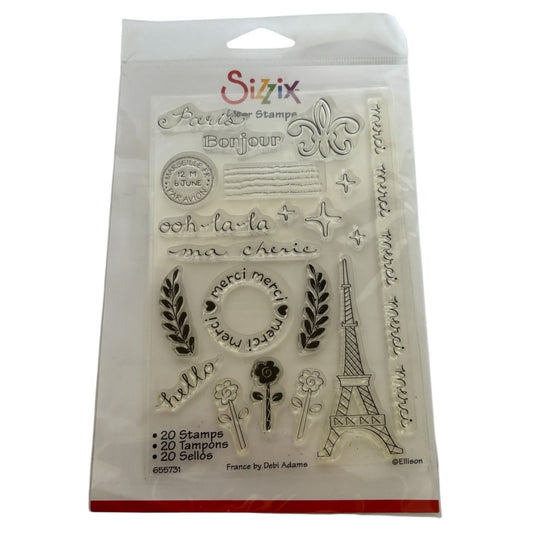 Sizzix Photopolymer Clear Stamps Paris France Merci Eiffel Tower Bonjour Words