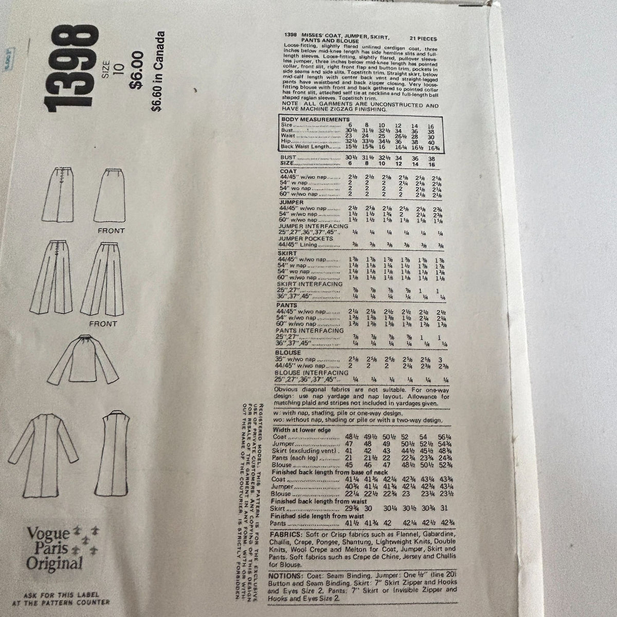 Vogue Paris Original Sewing Pattern 1398 Chloe Coat Jumper Skirt Pants 1970s 10 Uncut