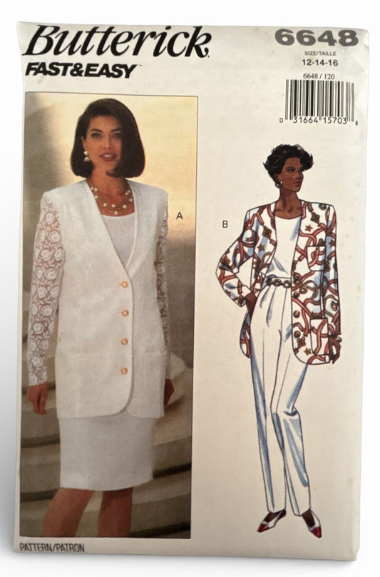 Butterick Sewing Pattern 6648 Jacket Skirt Suit Pants 90s Coastal Uncut 12 14 16