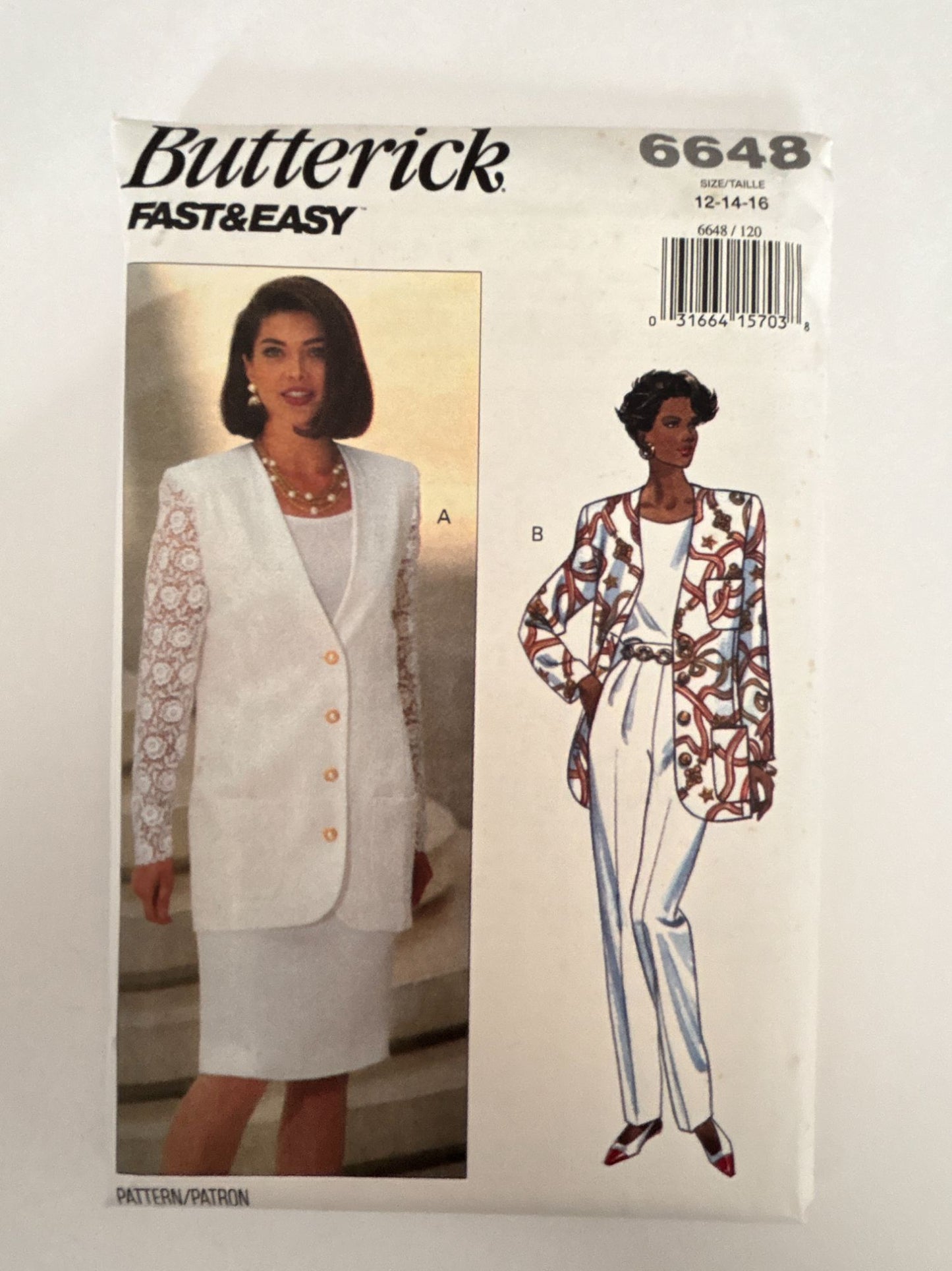 Butterick Sewing Pattern 6648 Jacket Skirt Suit Pants 90s Coastal Uncut 12 14 16