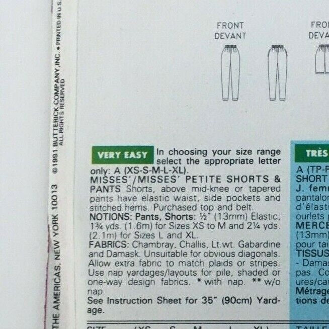 Butterick Sewing Pattern 5426 High Waist Pants Shorts Easy Summer 1990s 6-22 UC
