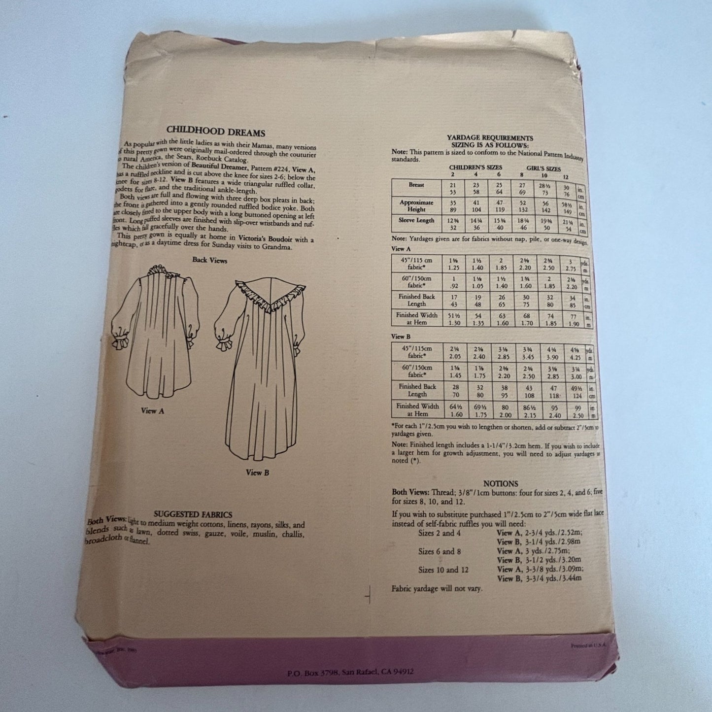 Folkwear Sewing Pattern 225 Childhood Dreams Prairie Dress Girls 2-12 Nightgown Uncut