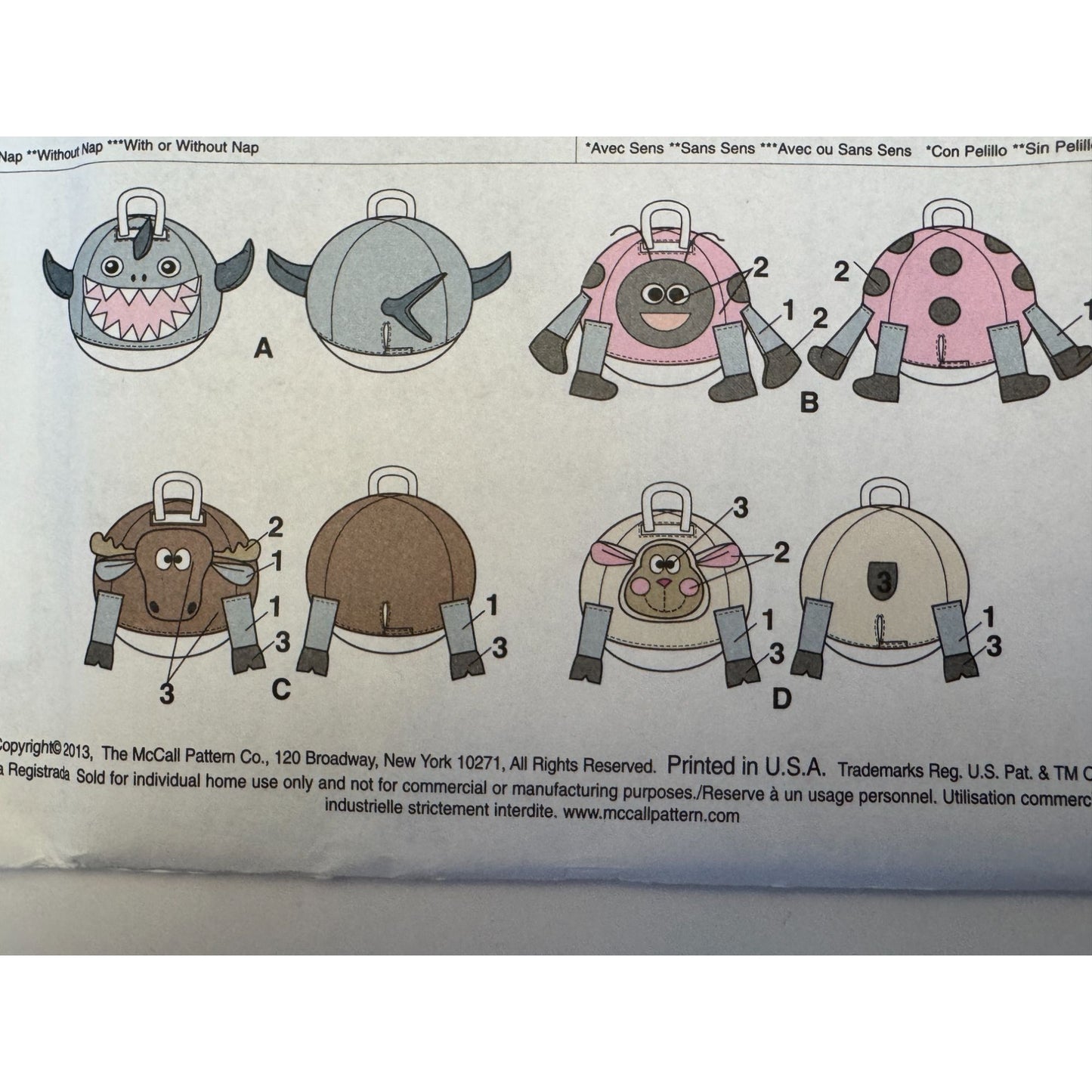 McCalls Sewing Pattern M6720 Hopping Ball Covers Shark Ladybug Moose Lamb Fleece